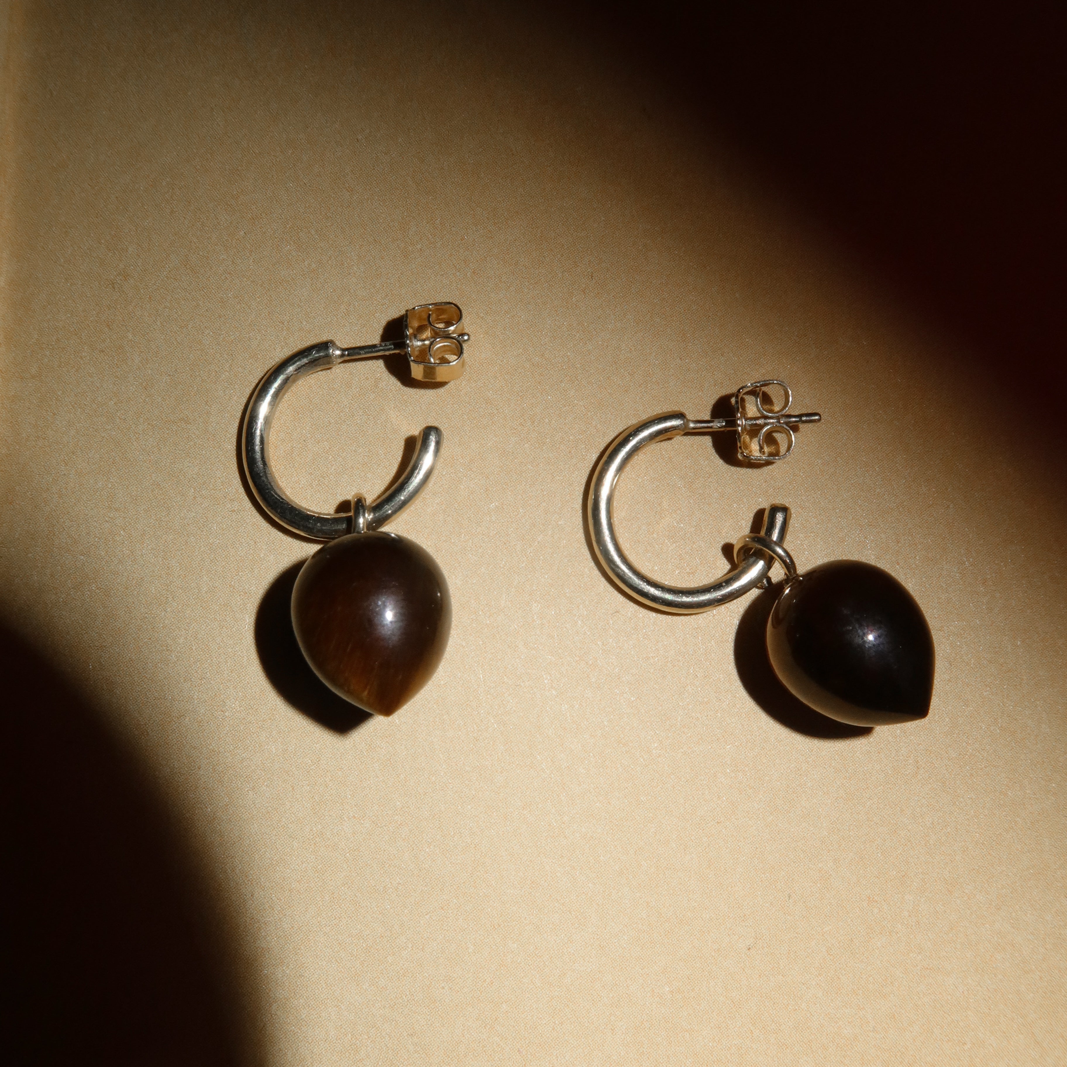 14k tiger eye hoops